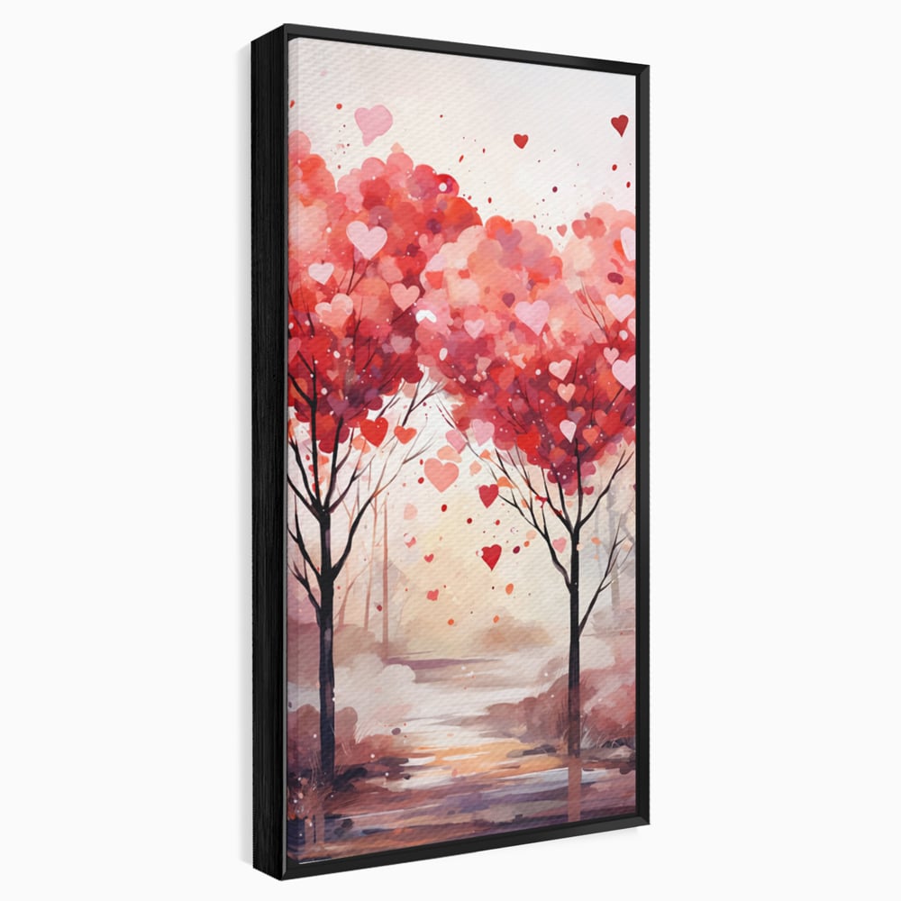 Tablou canvas cu tablou canvas cu doi copaci in forma de inimi, in rama de aluminiu negru